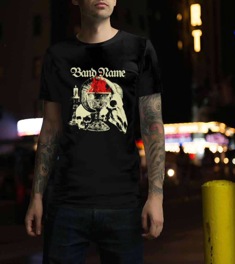 Band Name Skull Chalice Candle Flames Heavy Metal T-Shirt