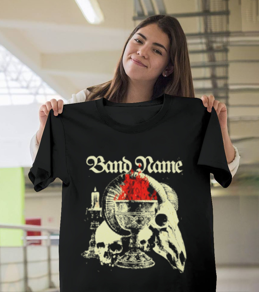 Band Name Skull Chalice Candle Flames Heavy Metal T-Shirt