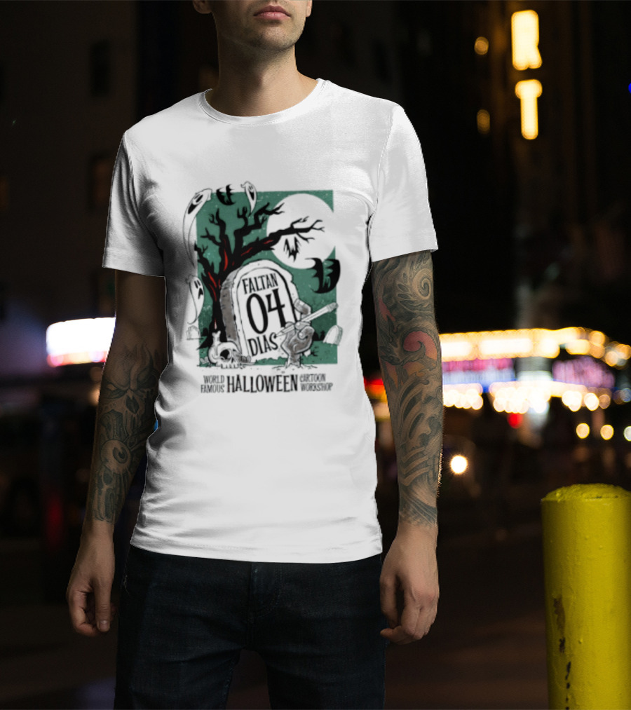 Faltan 04 Dias World Famous Halloween Cartoon Workshop Spooky Tree And Bats T-Shirt
