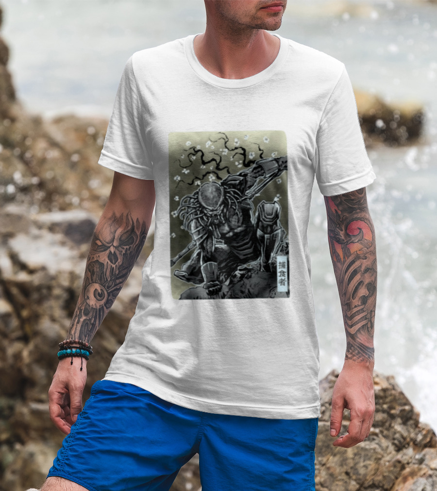 Yautja Samurai Mashup With Cherry Blossoms T-Shirt
