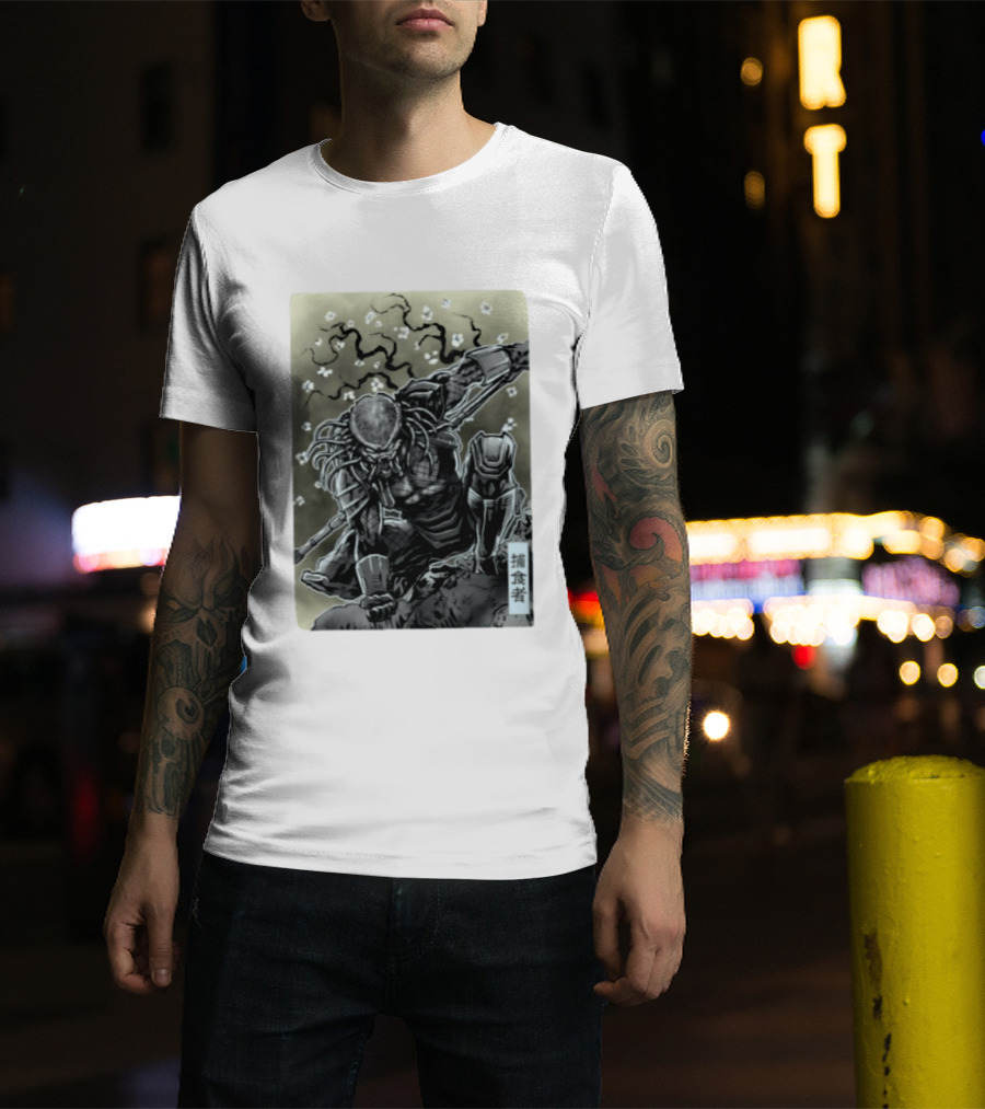 Yautja Samurai Mashup With Cherry Blossoms T-Shirt