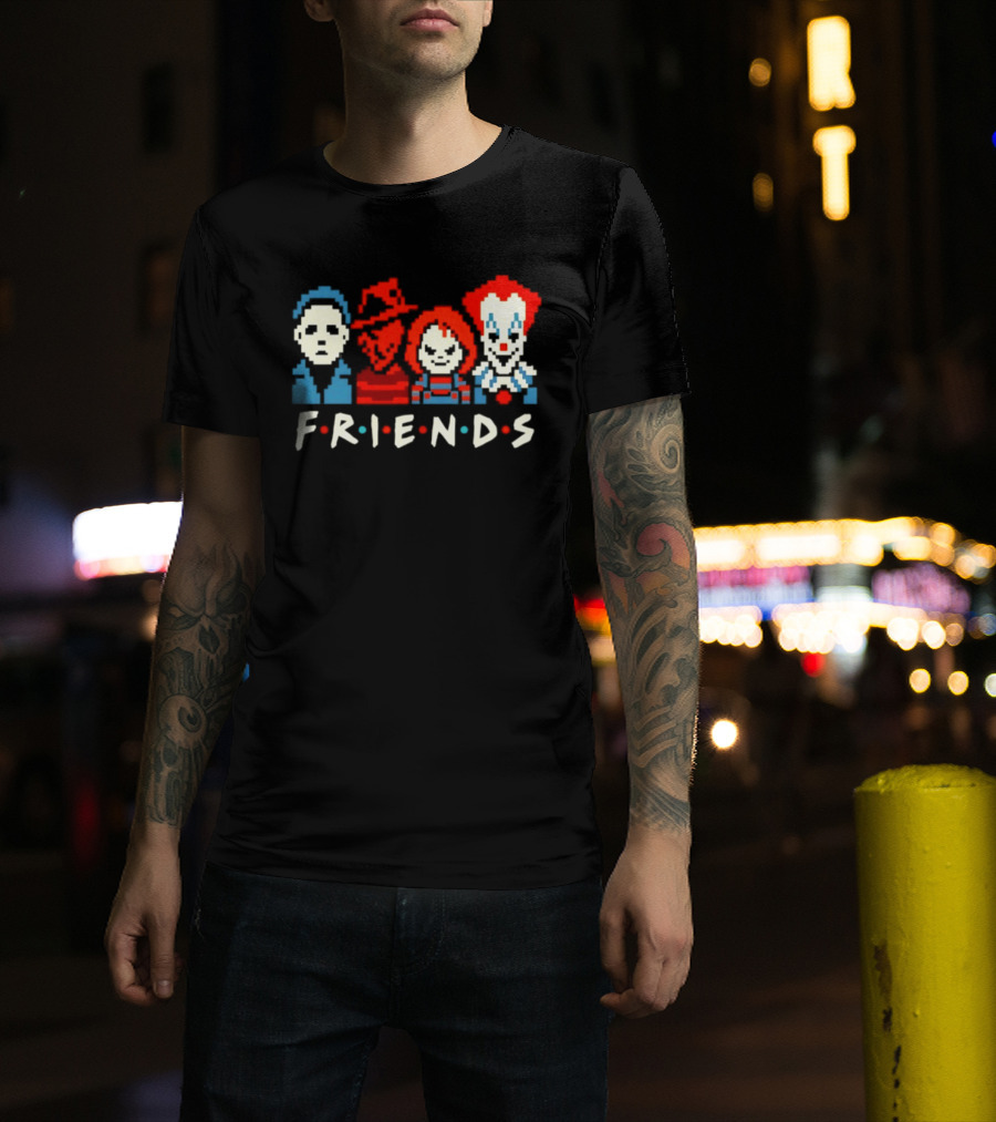 Friends Horror Movie Characters Pixel Art Michael Freddy Chucky Pennywise T-Shirt