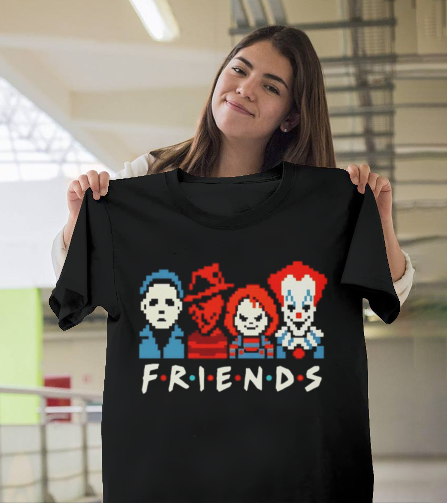 Friends Horror Movie Characters Pixel Art Michael Freddy Chucky Pennywise T-Shirt