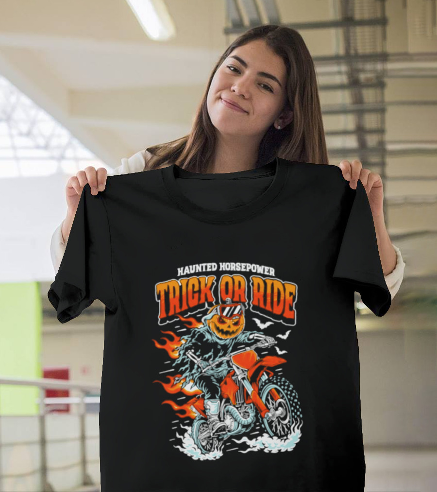 Haunted Horsepower Trick Or Ride Halloween Pumpkin Motorcycle Flames T-Shirt