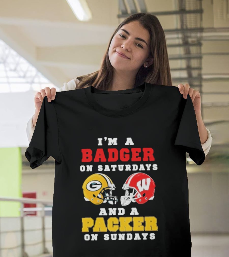 I'm A Badger On Saturdays Green Bay Packer On Sundays Football Helmet Rivalry T-Shirt
