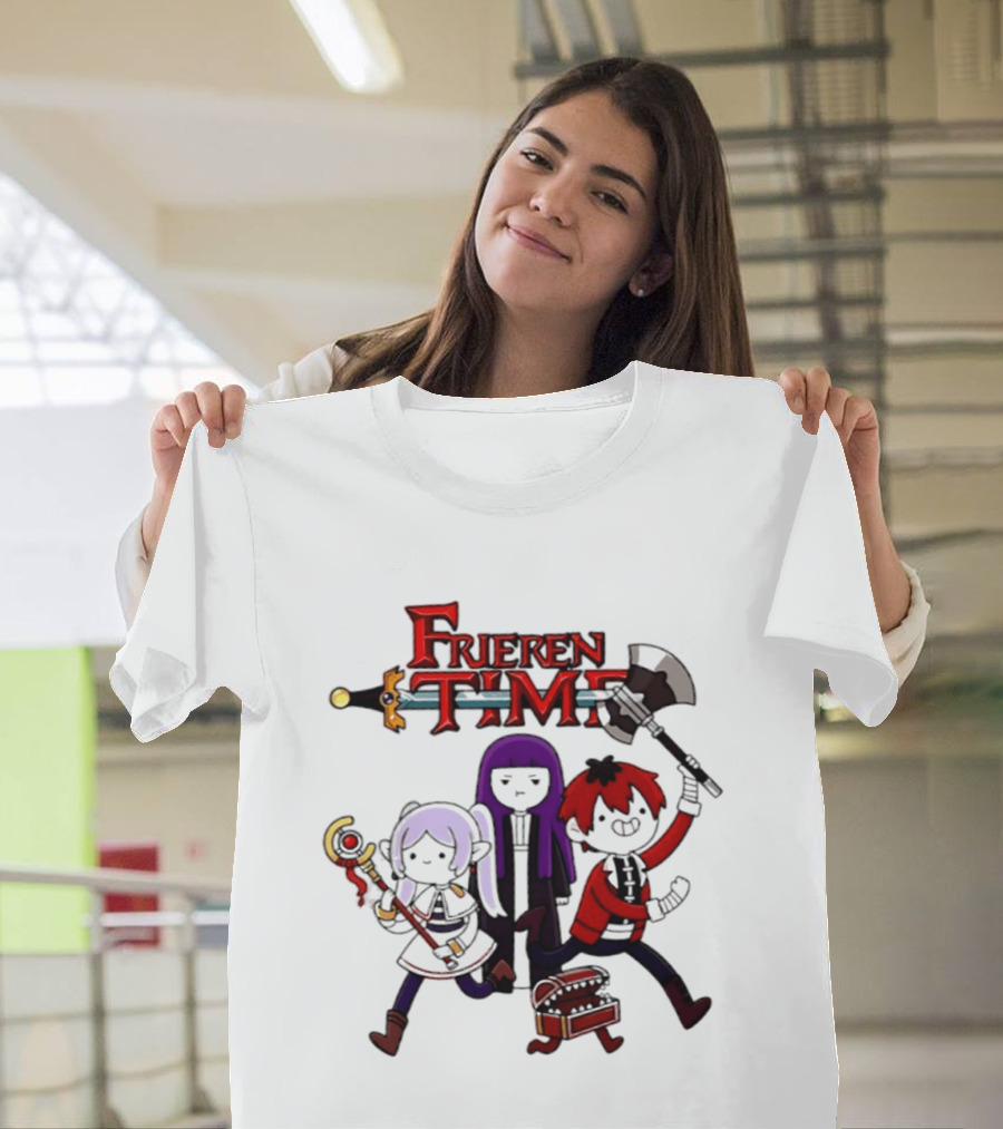 Frieren Time Adventure Time Anime Crossover Characters With Weapons And Staff T-Shirt