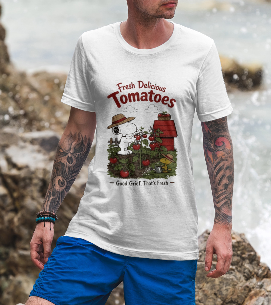 Snoopy Fresh Delicious Tomatoes Good Grief That's Fresh Garden Scene T-Shirt