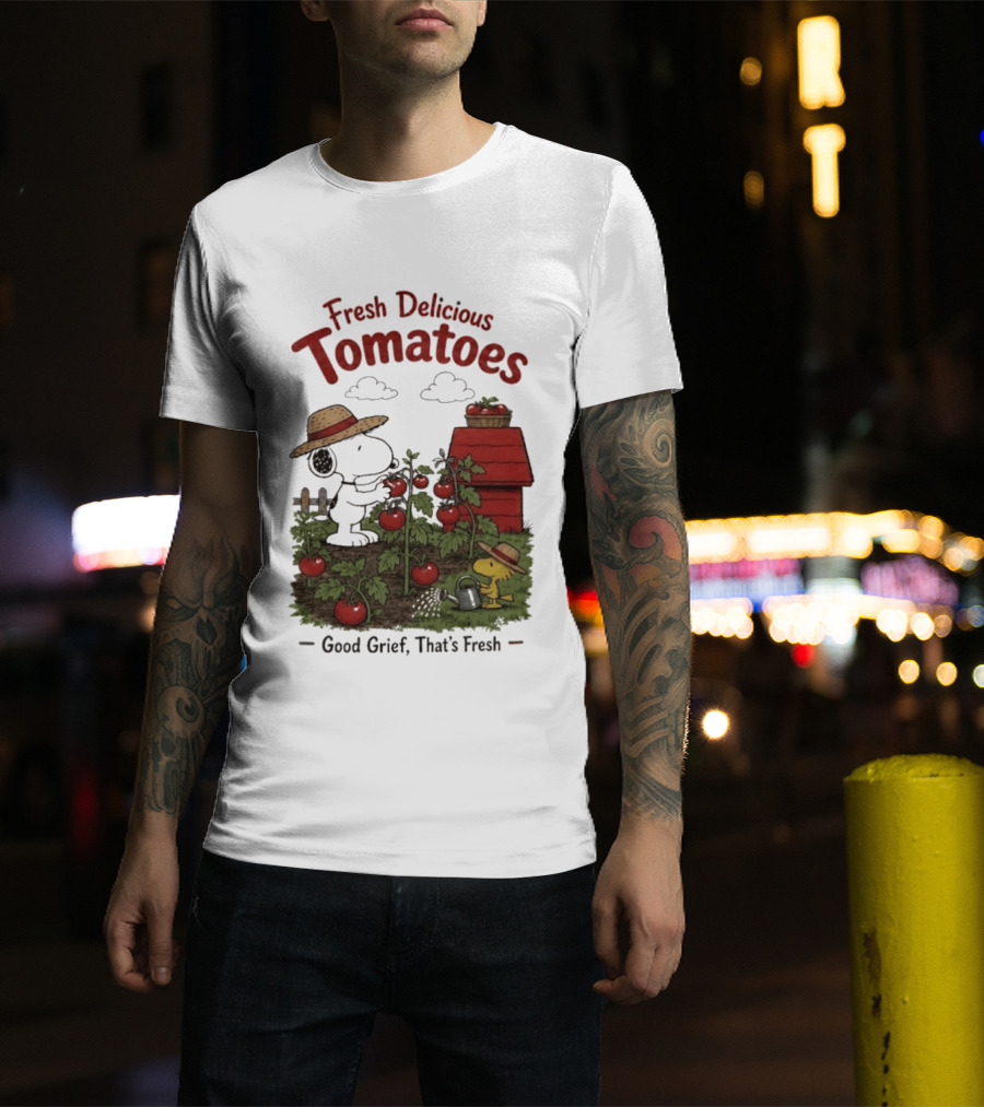 Snoopy Fresh Delicious Tomatoes Good Grief That's Fresh Garden Scene T-Shirt