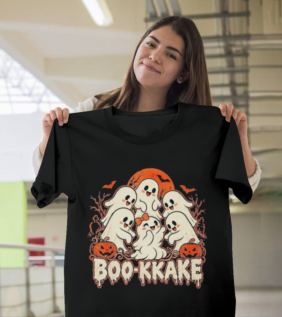 Boo Kkake Japanese Halloween Ghosts Pumpkins Bats Orange Moon T-Shirt