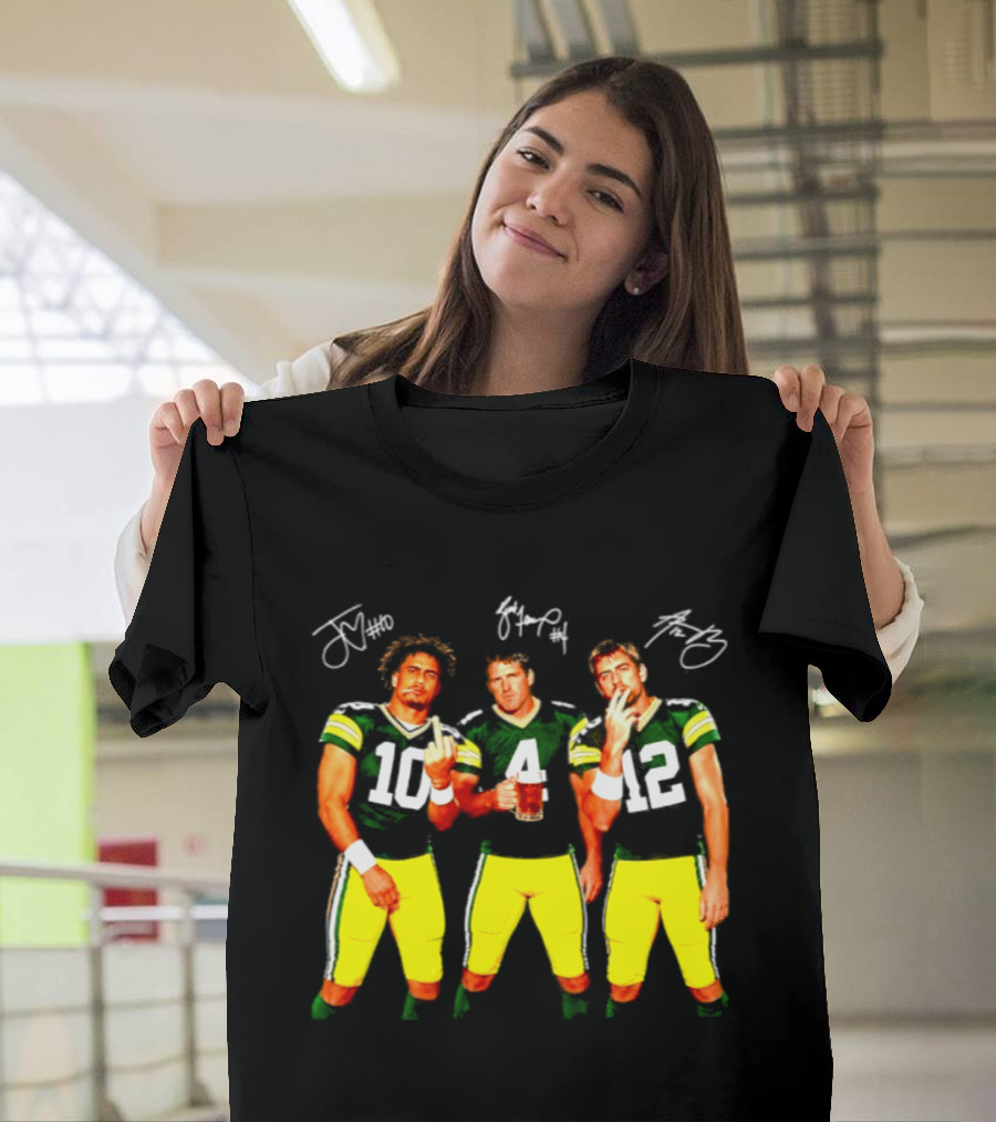 Brett Favre Aaron Rodgers Jordan Love Green Bay Packers Middle Finger Beer Smoking Signatures T-Shirt