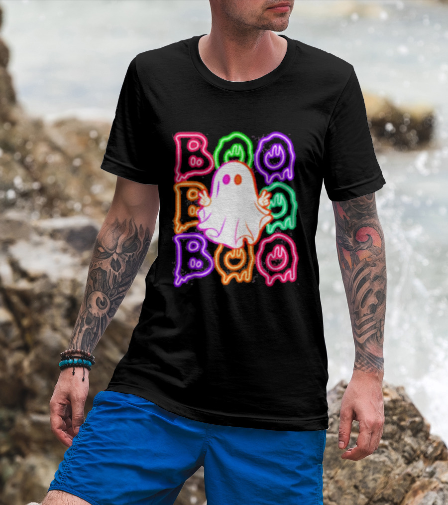 Ghost Boo Neon Halloween Spooky Bright T-Shirt