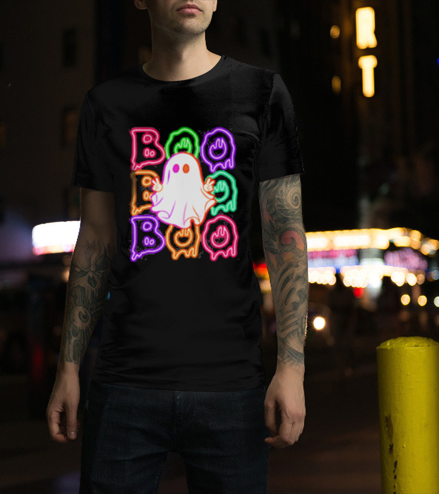 Ghost Boo Neon Halloween Spooky Bright T-Shirt