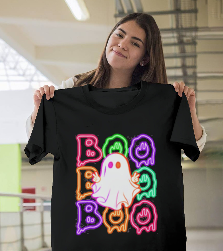 Ghost Boo Neon Halloween Spooky Bright T-Shirt
