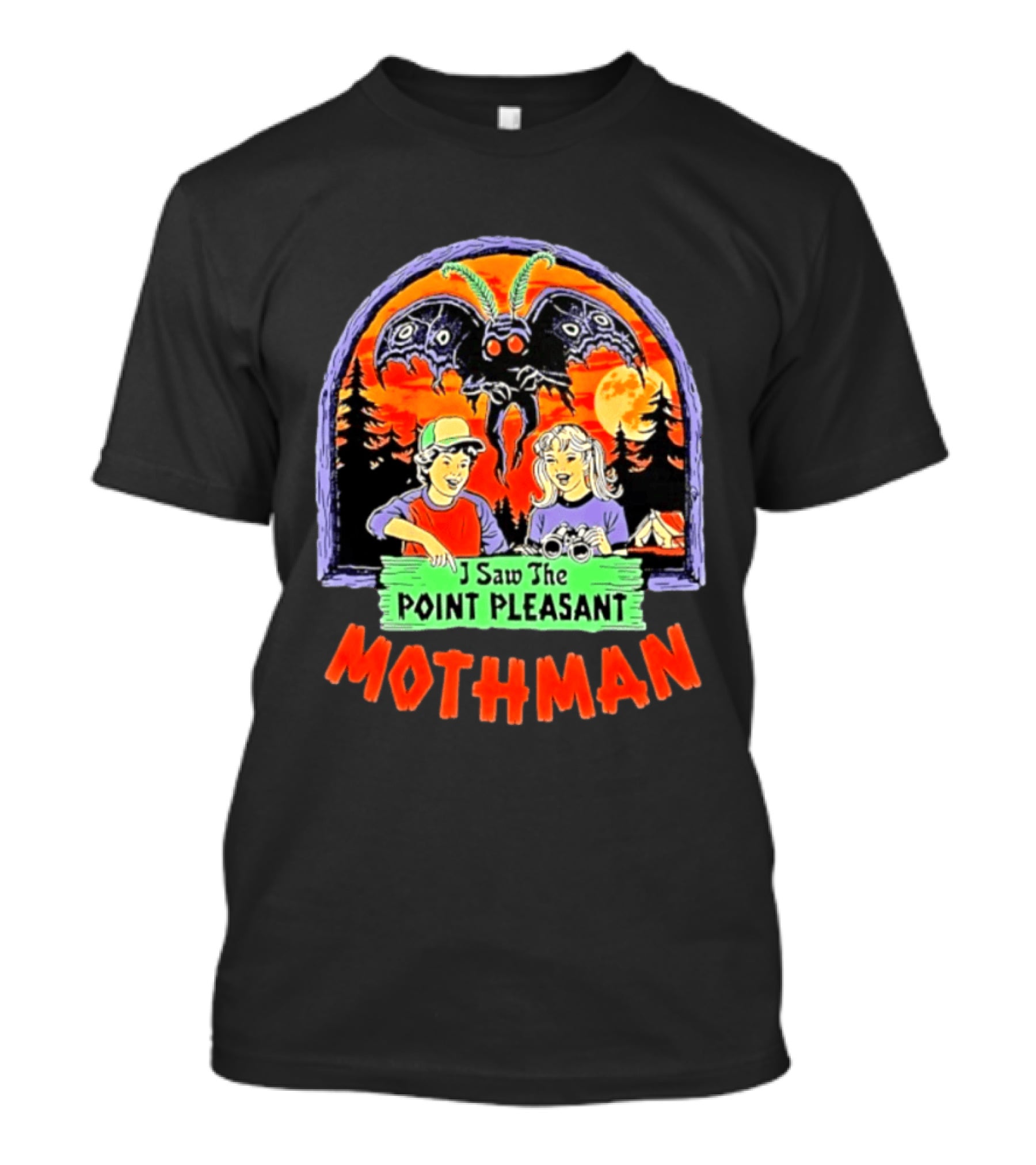 I Saw The Point Pleasant Mothman With Kids And Binoculars In Forest Scene T-Shirt