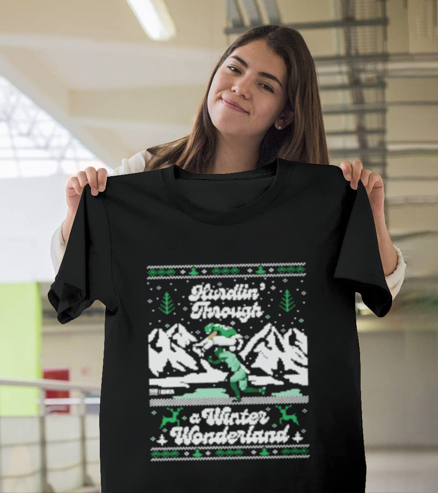 Saquon Barkley Hurdling Through A Winter Wonderland Philadelphia Christmas Ugly T-Shirt