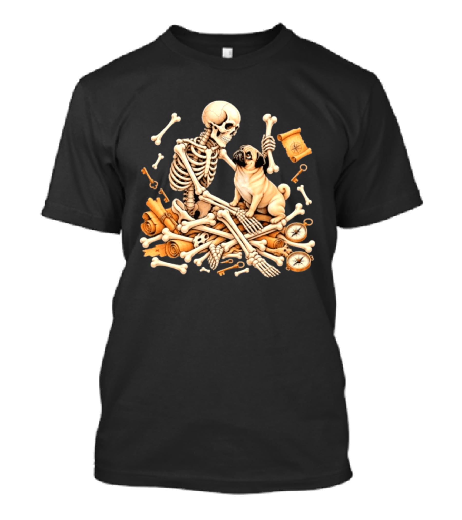 Skeleton And Pug With Bones And Scrolls Halloween Adventure T-Shirt