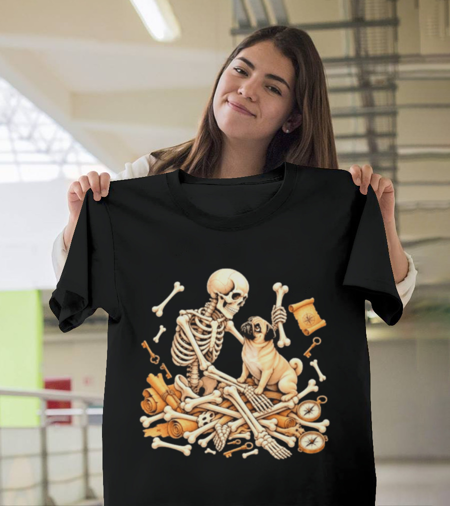 Skeleton And Pug With Bones And Scrolls Halloween Adventure T-Shirt