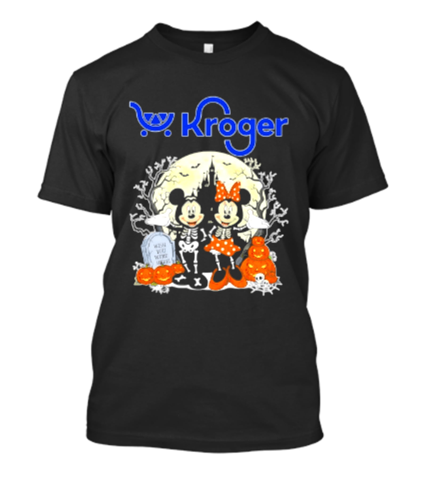Kroger Mickey And Minnie Mouse Skeleton Halloween Pumpkins And Gravestone T-Shirt