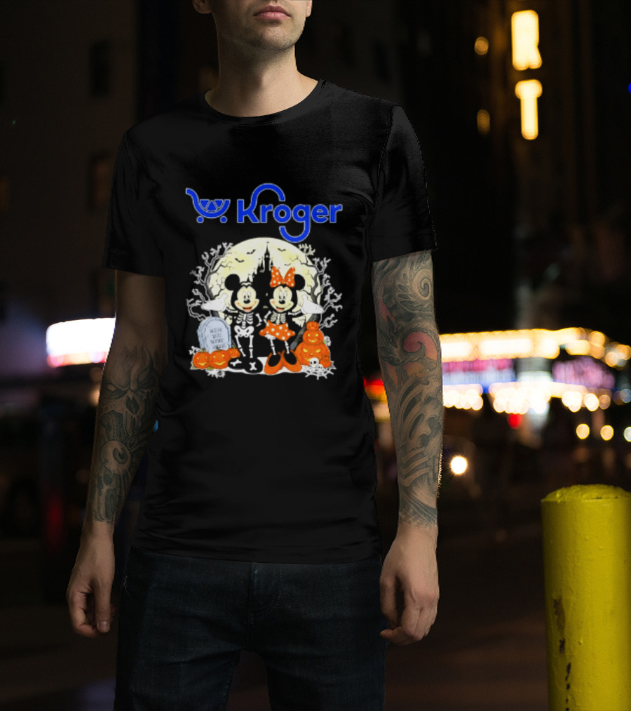 Kroger Mickey And Minnie Mouse Skeleton Halloween Pumpkins And Gravestone T-Shirt
