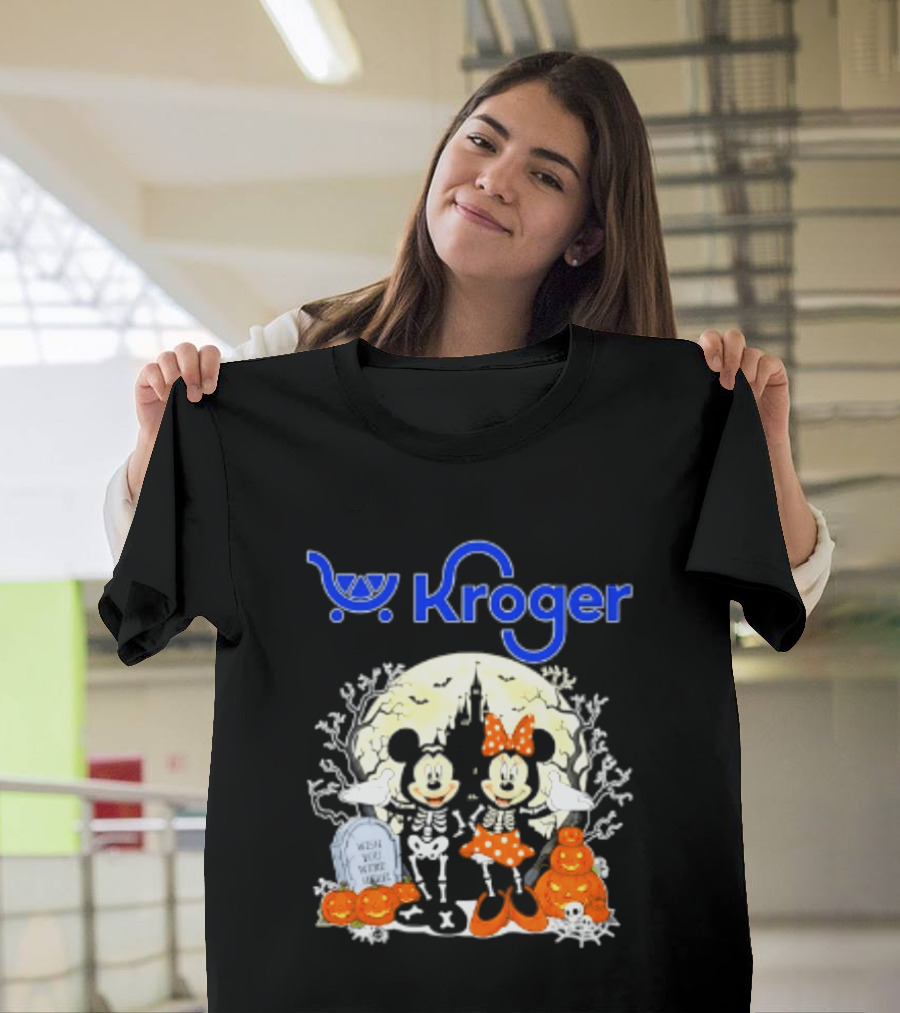 Kroger Mickey And Minnie Mouse Skeleton Halloween Pumpkins And Gravestone T-Shirt