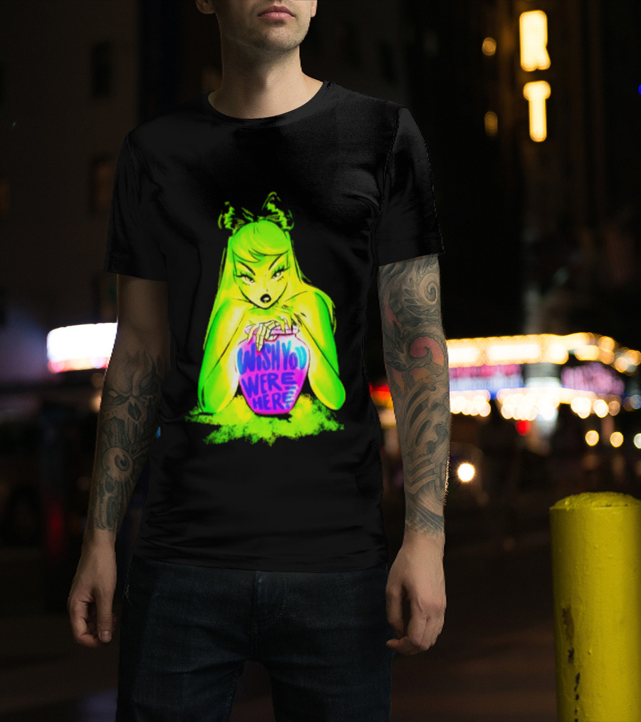 Wish You Were Here Skeleton Urn Goth Spooky Green Yellow Pink Ghostly Aesthetic T-Shirt