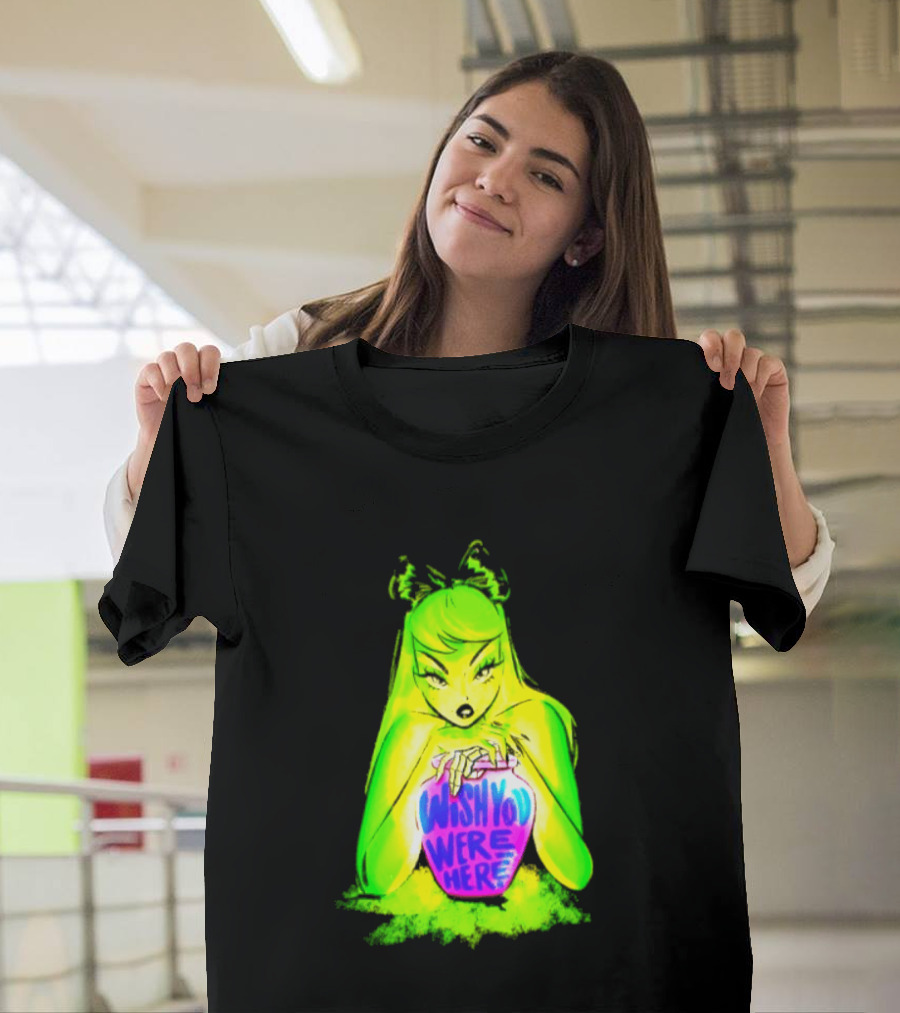 Wish You Were Here Skeleton Urn Goth Spooky Green Yellow Pink Ghostly Aesthetic T-Shirt