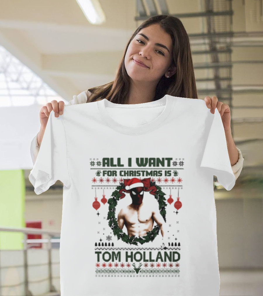 All I Want For Christmas Is Tom Holland Ugly Sweater Spider Man Christmas Wreath T-Shirt