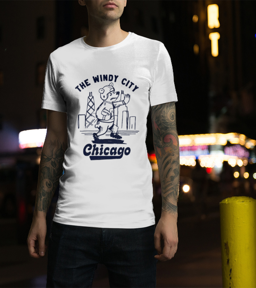 Chicago Bears The Windy City Football Character And Skyline T-Shirt