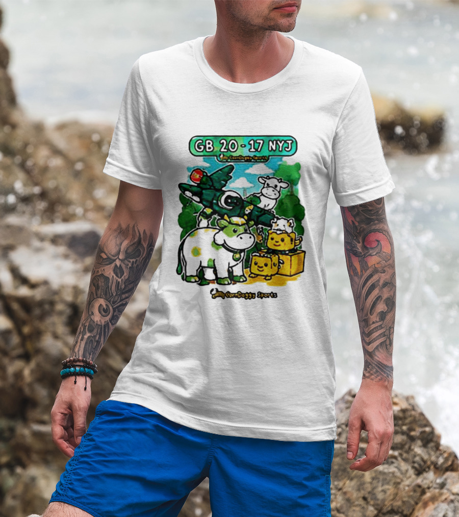 GB 20 17 NYJ Green Bay Football Green Cow Jet Cartoon Game Day T-Shirt