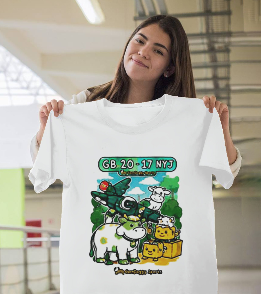 GB 20 17 NYJ Green Bay Football Green Cow Jet Cartoon Game Day T-Shirt