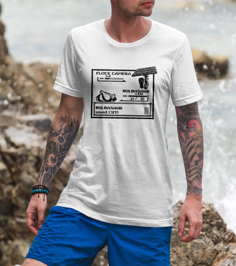 Flock Camera Pokemon Game Boy Bulbasaur Used Cut Retro Gaming Battle Scene T-Shirt