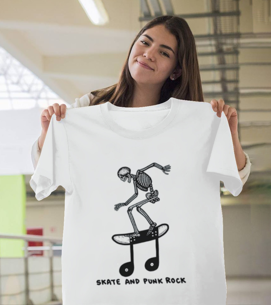 Skeleton Skater On Music Note Skateboard Punk Rock T-Shirt