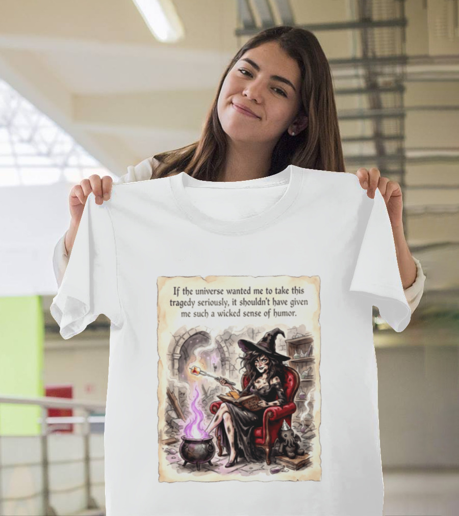 Witch With A Wicked Sense Of Humor And Magic Wand In Stone Room T-Shirt