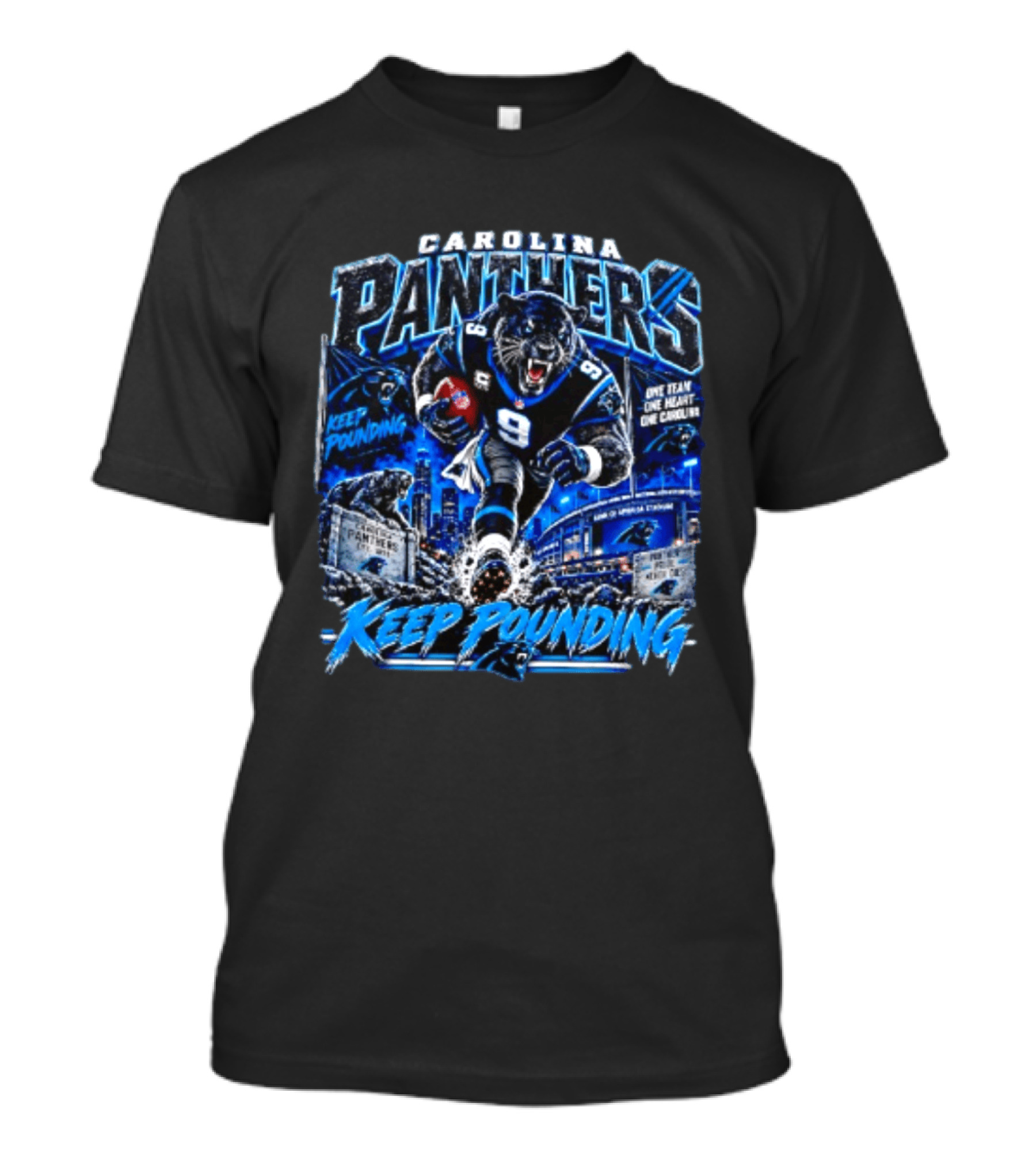 Carolina Panthers Keep Pounding One Team One Heart One Carolina Panthers 9 Football Player City Skyline T-Shirt