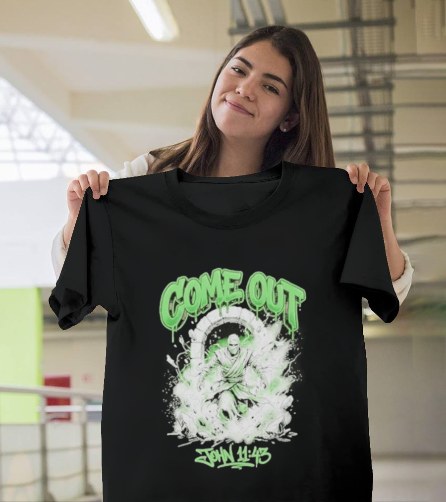 Come Out John 11 43 Mummy Bible Verse Green Drip T-Shirt