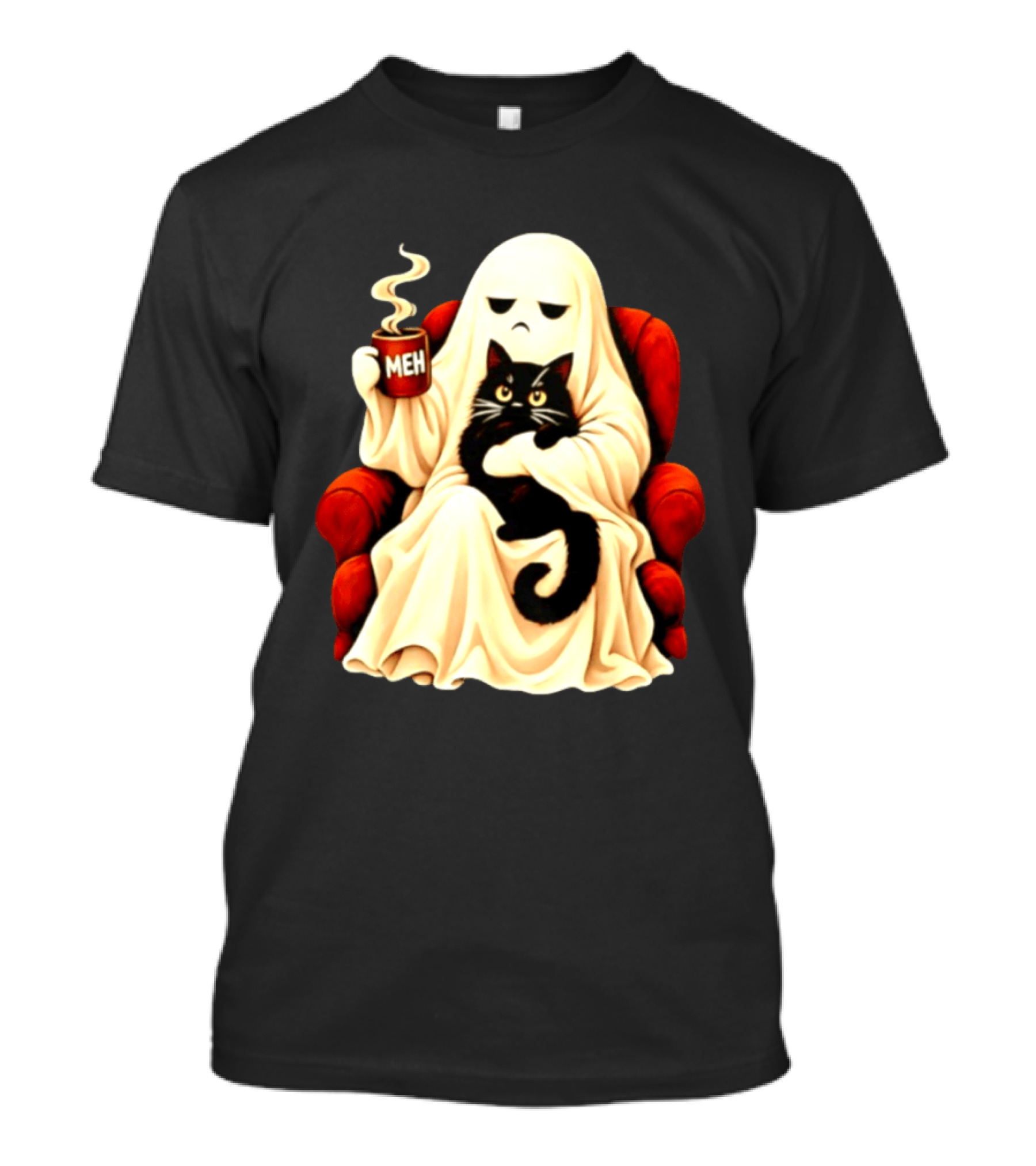 Ghost And Black Cat On Red Chair With Meh Coffee T-Shirt
