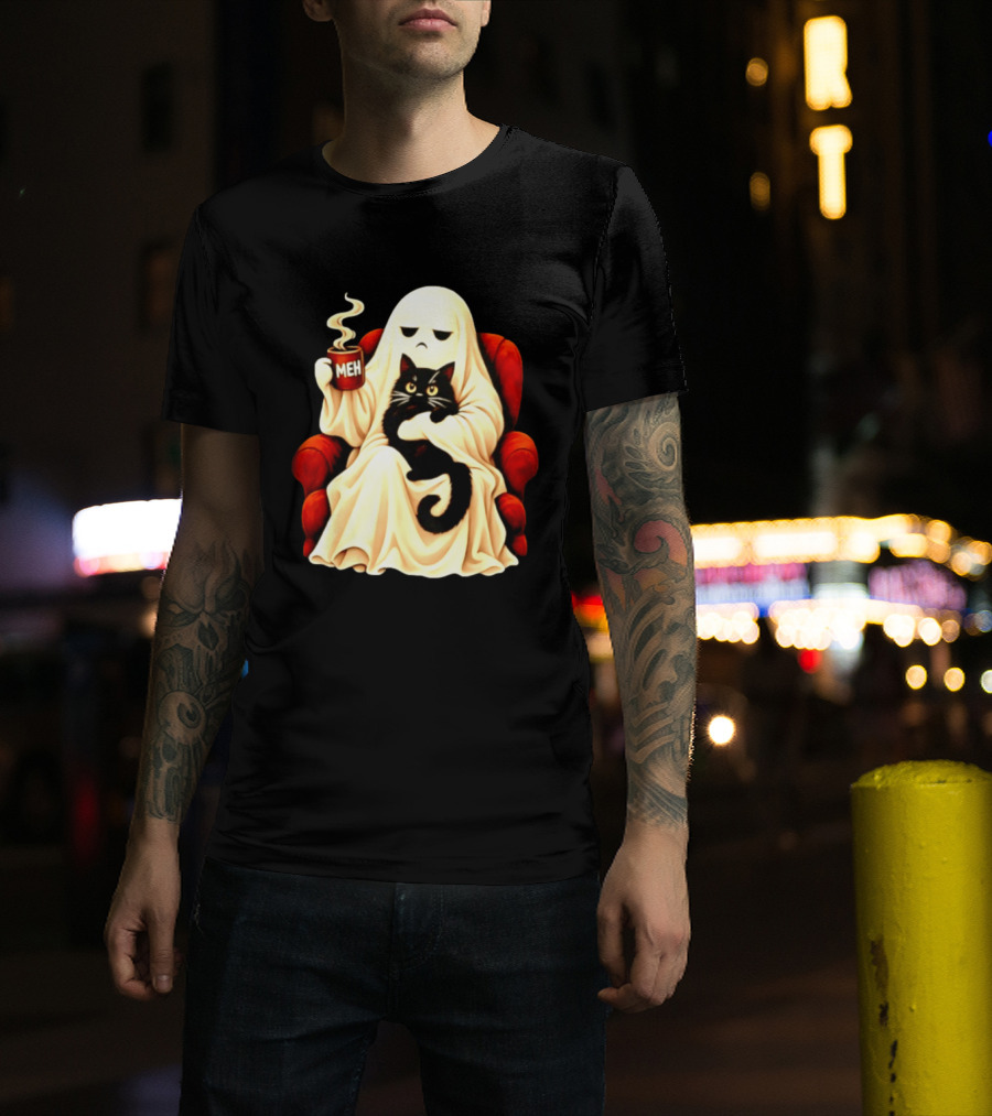 Ghost And Black Cat On Red Chair With Meh Coffee T-Shirt