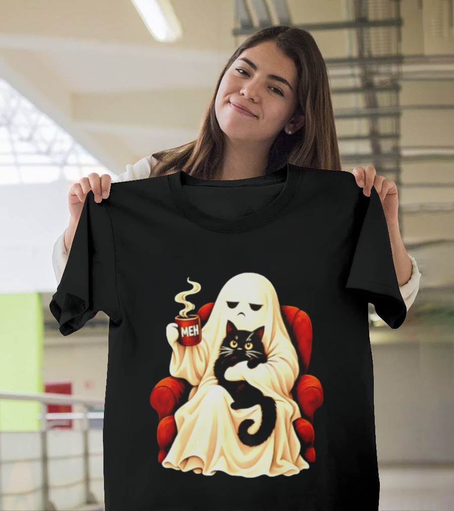 Ghost And Black Cat On Red Chair With Meh Coffee T-Shirt