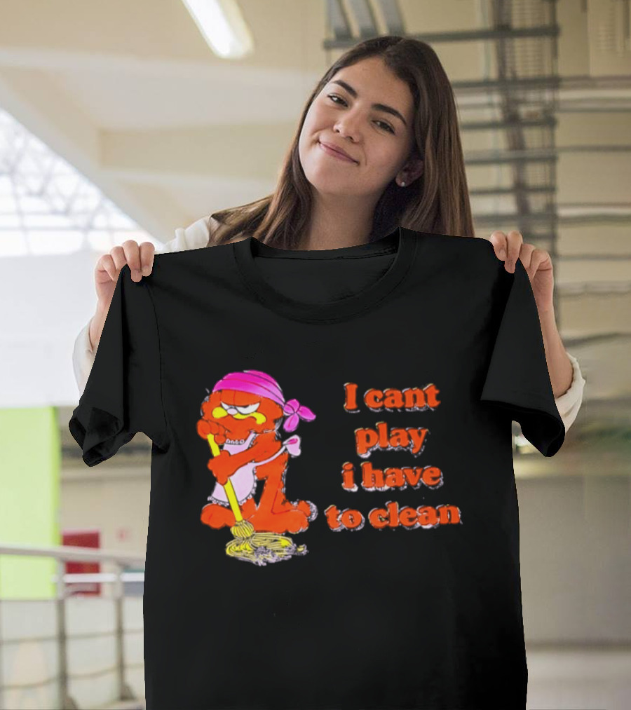 Garfield I Can't Play I Have To Clean Comic Image With Mop And Bandana T-Shirt