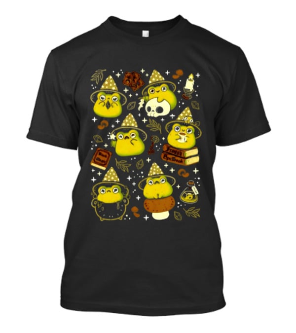 Witchy Froggy Spellbook Black Magic Poison Wizard Hat Mushrooms Potion Bottles T-Shirt