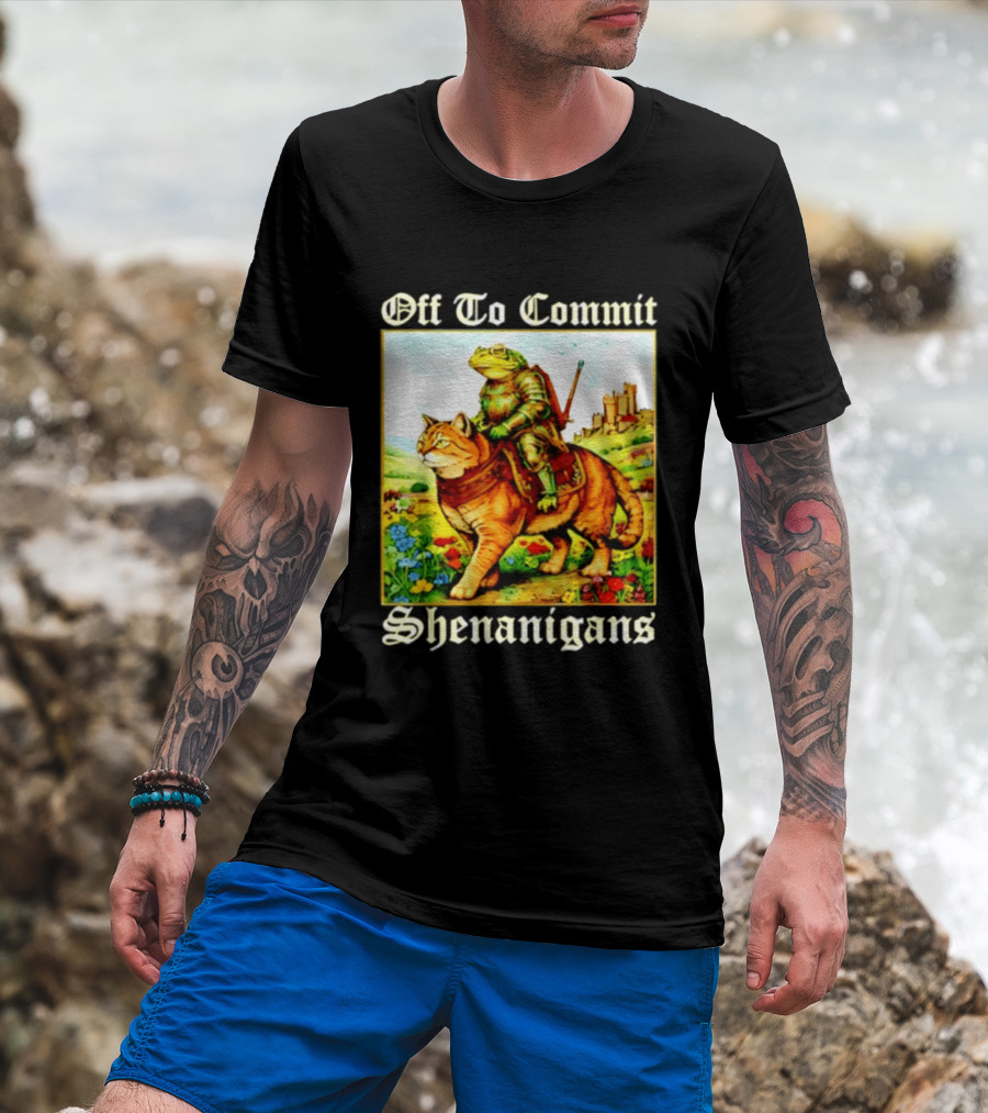 Off To Commit Shenanigans Frog Knight Riding Cat Medieval Adventure T-Shirt