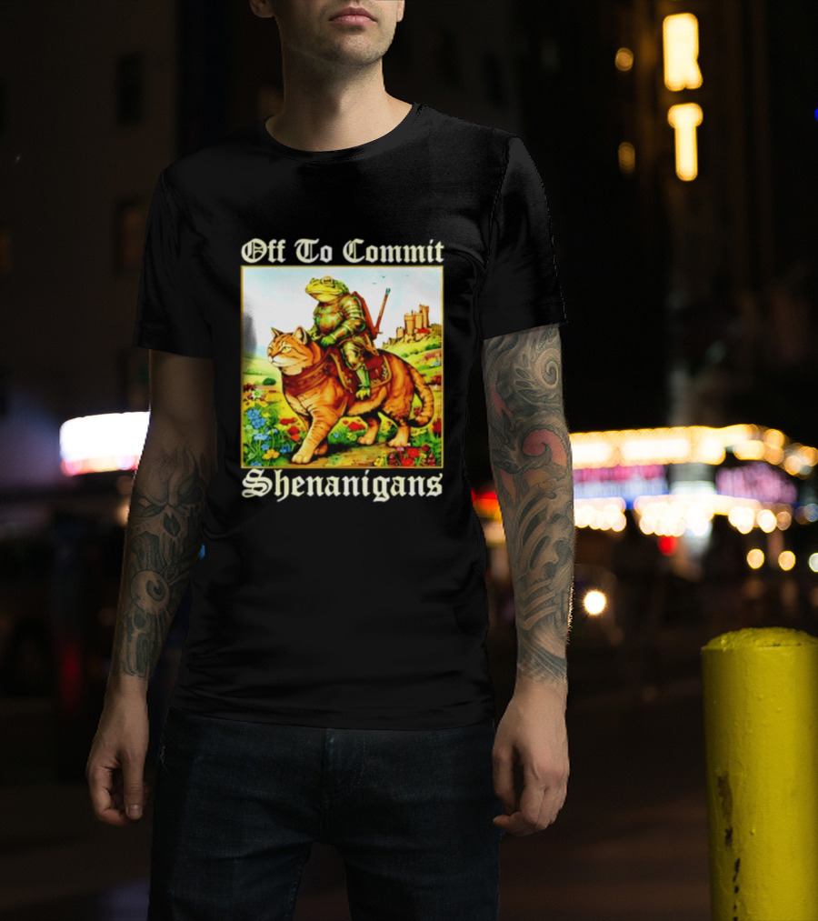 Off To Commit Shenanigans Frog Knight Riding Cat Medieval Adventure T-Shirt