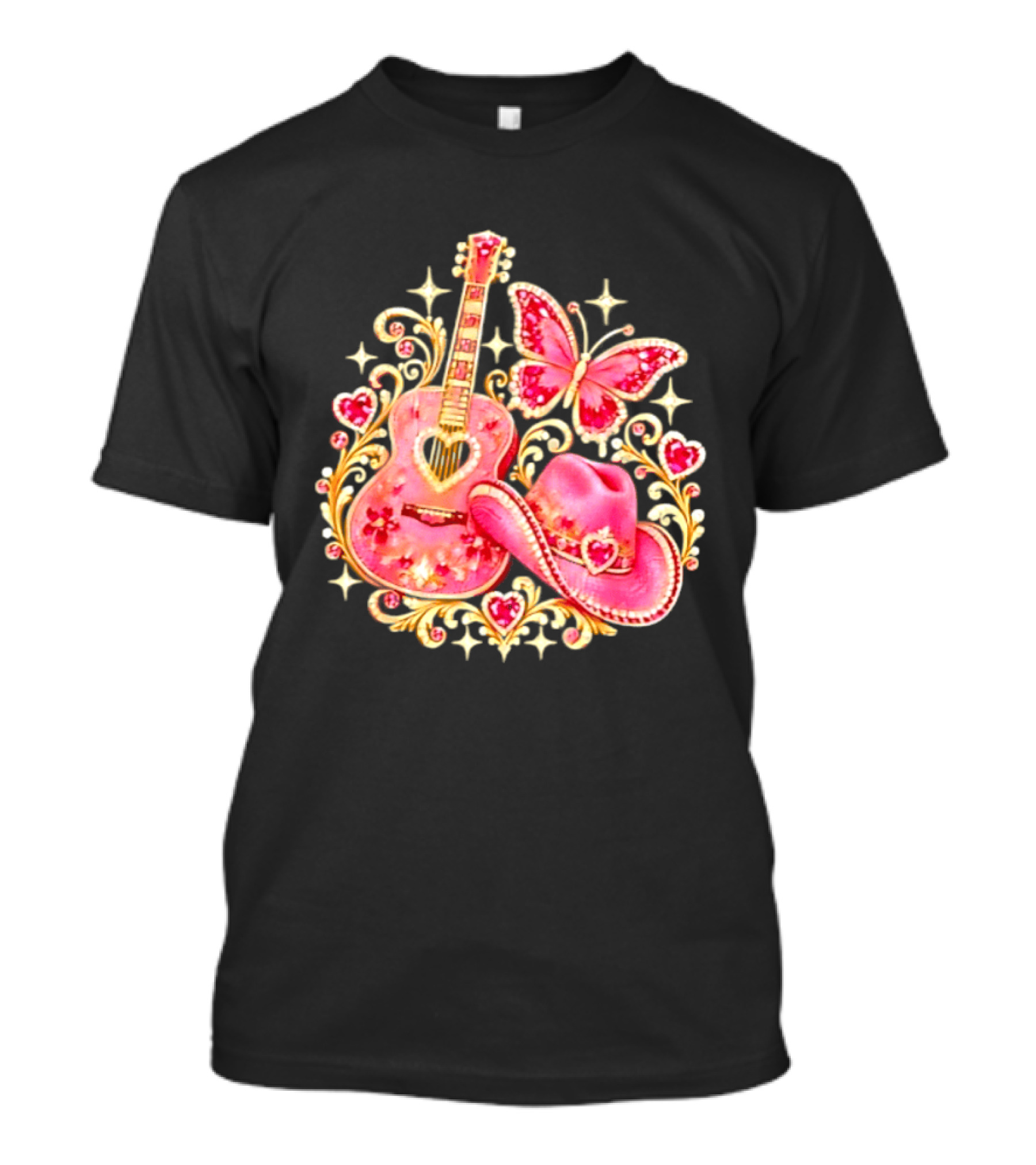 Pink Rhinestone Guitar Cowboy Hat Butterfly Hearts Sparkles T-Shirt