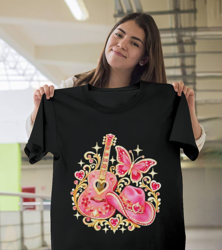 Pink Rhinestone Guitar Cowboy Hat Butterfly Hearts Sparkles T-Shirt