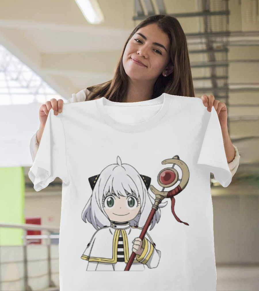 Anya Forger Frieren Crossover Anime Character With Magical Staff T-Shirt