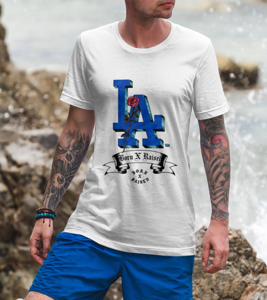 Born X Raised X Los Angeles Dodgers Forever Blue LA Rose T-Shirt