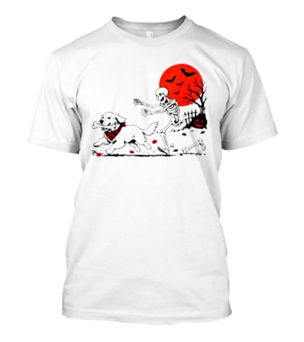 Golden Retriever And Skeleton Chase Under Red Moon With Bats And Pumpkin T-Shirt