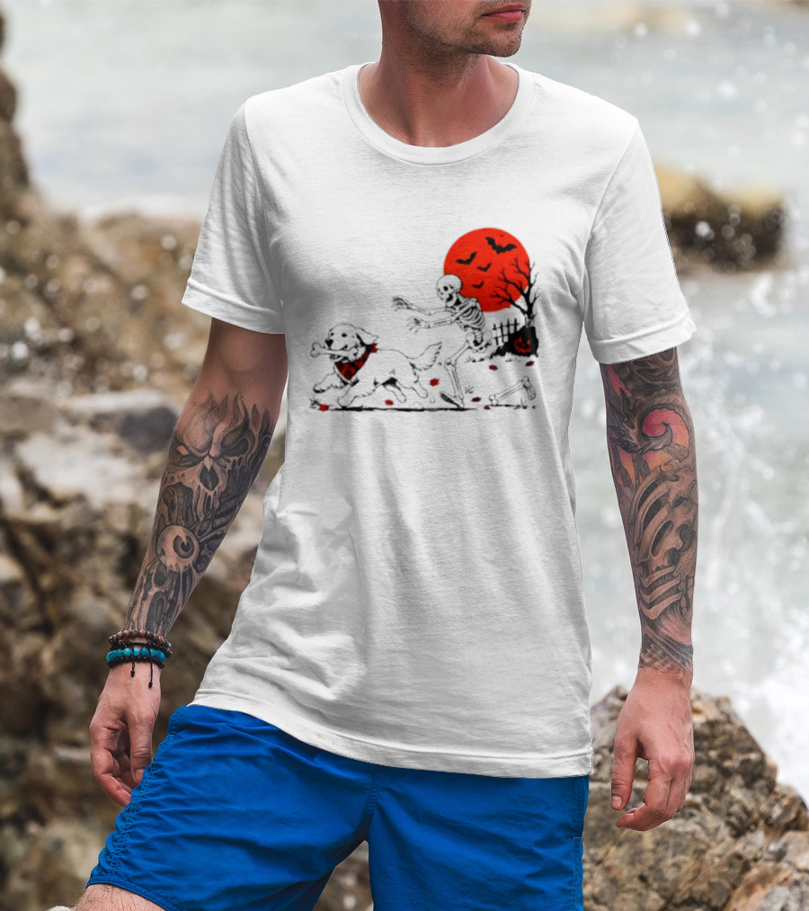 Golden Retriever And Skeleton Chase Under Red Moon With Bats And Pumpkin T-Shirt