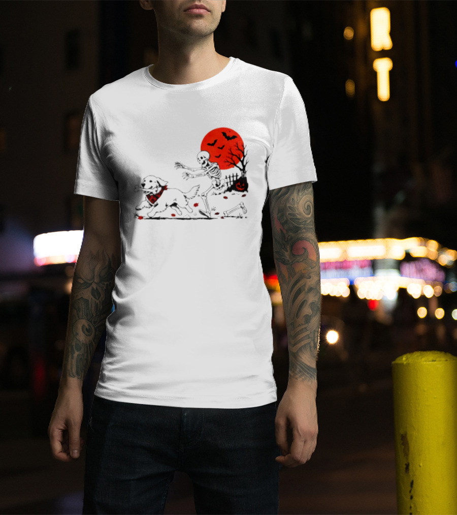 Golden Retriever And Skeleton Chase Under Red Moon With Bats And Pumpkin T-Shirt