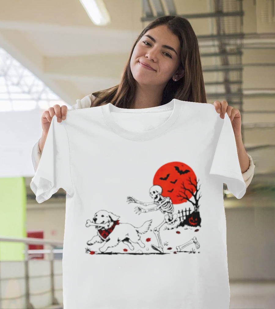 Golden Retriever And Skeleton Chase Under Red Moon With Bats And Pumpkin T-Shirt